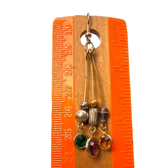 VINTAGE Gold-Tone Triple Strand Multicolor Crystal Earrings & Mixed Metal Beads - Picture 7 of 7